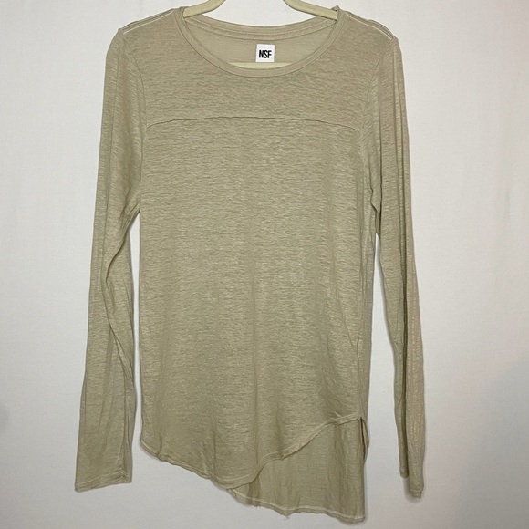 NSF Linen Blend Neutral Asymmetrical Hemline Long Sleeve Shirt - Picture 1 of 13